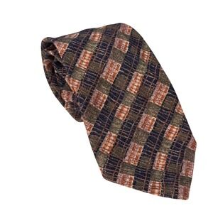 Park Lane Mens Geometric‎ Woven Wool Green Orange Blue Plaid Vintage Style Tie